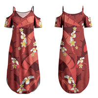 Red Banana Leaf Hawaii Family Matching Summer Maxi Dress and Hawaiian Shirt Lau Maia Plumeria Tropical Summer Vibes LT14 Mom's Dress Red - Polynesian Pride