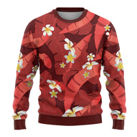 Red Banana Leaf Hawaii Ugly Christmas Sweater Lau Maia Plumeria Tropical Summer Vibes
