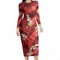 Red Banana Leaf Hawaii Long Sleeve Bodycon Dress Lau Maia Plumeria Tropical Summer Vibes LT14 Long Dress Red - Polynesian Pride