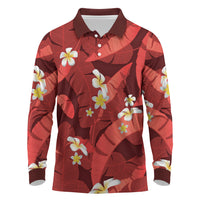 Red Banana Leaf Hawaii Long Sleeve Polo Shirt Lau Maia Plumeria Tropical Summer Vibes LT14 Red - Polynesian Pride