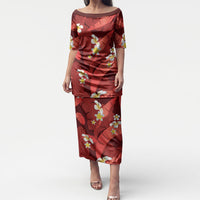 Red Banana Leaf Hawaii Puletasi Lau Maia Plumeria Tropical Summer Vibes LT14 Long Dress Red - Polynesian Pride