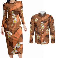 Orange Banana Leaf Hawaii Couples Matching Long Sleeve Bodycon Dress and Long Sleeve Button Shirt Lau Maia Plumeria Tropical Summer Vibes LT14 Orange - Polynesian Pride