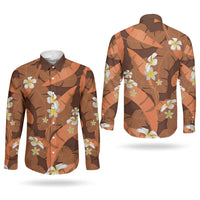 Orange Banana Leaf Hawaii Couples Matching Off Shoulder Maxi Dress and Long Sleeve Button Shirt Lau Maia Plumeria Tropical Summer Vibes LT14 - Polynesian Pride