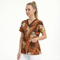 Orange Banana Leaf Hawaii Scrub Top Lau Maia Plumeria Tropical Summer Vibes LT14 - Polynesian Pride