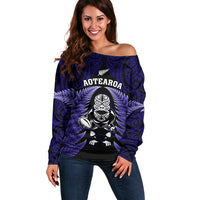 New Zealand Aotearoa Rugby Off Shoulder Sweater NZ Tiki With Maori Fern World Cup Blue Version LT14 Women Blue - Polynesian Pride