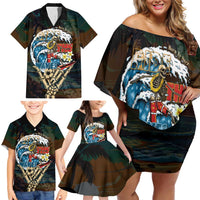 Aloha Hawaii Surfing Skull Family Matching Off Shoulder Short Dress and Hawaiian Shirt Shaka Skeleton Ride The Waves LT14 - Polynesian Pride