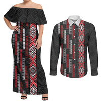 Roimata Toroa Maori Taniko Inspired New Zealand Couples Matching Off Shoulder Maxi Dress and Long Sleeve Button Shirt LT14 Black - Polynesian Pride
