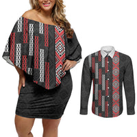 Roimata Toroa Maori Taniko Inspired New Zealand Couples Matching Off Shoulder Short Dress and Long Sleeve Button Shirt LT14 Black - Polynesian Pride