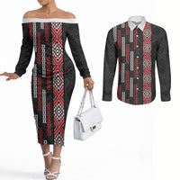 Roimata Toroa Maori Taniko Inspired New Zealand Couples Matching Off The Shoulder Long Sleeve Dress and Long Sleeve Button Shirt LT14 Black - Polynesian Pride