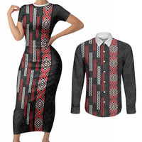 Roimata Toroa Maori Taniko Inspired New Zealand Couples Matching Short Sleeve Bodycon Dress and Long Sleeve Button Shirt LT14 Black - Polynesian Pride
