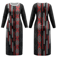 Roimata Toroa Maori Taniko Inspired New Zealand Family Matching Long Sleeve Bodycon Dress and Hawaiian Shirt LT14 Mom's Dress Black - Polynesian Pride