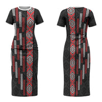 Roimata Toroa Maori Taniko Inspired New Zealand Family Matching Short Sleeve Bodycon Dress and Hawaiian Shirt LT14 Mom's Dress Black - Polynesian Pride