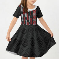 Roimata Toroa Maori Taniko Inspired New Zealand Kid Short Sleeve Dress LT14 KID Black - Polynesian Pride