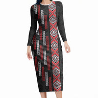 Roimata Toroa Maori Taniko Inspired New Zealand Long Sleeve Bodycon Dress LT14 Long Dress Black - Polynesian Pride