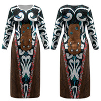 New Zealand Whakairo Couples Matching Long Sleeve Bodycon Dress and Hawaiian Shirt Tiki Maori Carving Taniko Motifs LT14 - Polynesian Pride