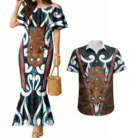 New Zealand Whakairo Couples Matching Mermaid Dress and Hawaiian Shirt Tiki Maori Carving Taniko Motifs LT14 Multicolor - Polynesian Pride