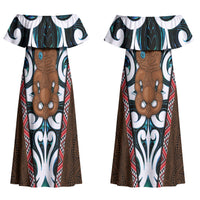 New Zealand Whakairo Couples Matching Off Shoulder Maxi Dress and Hawaiian Shirt Tiki Maori Carving Taniko Motifs LT14 - Polynesian Pride