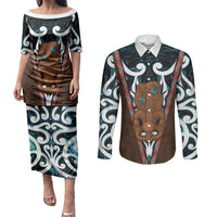 New Zealand Whakairo Couples Matching Puletasi and Long Sleeve Button Shirt Tiki Maori Carving Taniko Motifs LT14 Multicolor - Polynesian Pride