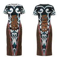 New Zealand Whakairo Couples Matching Short Sleeve Bodycon Dress and Hawaiian Shirt Tiki Maori Carving Taniko Motifs LT14 - Polynesian Pride