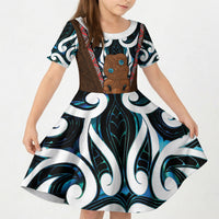 New Zealand Whakairo Kid Short Sleeve Dress Tiki Maori Carving Taniko Motifs LT14 KID Multicolor - Polynesian Pride