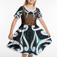 New Zealand Whakairo Kid Short Sleeve Dress Tiki Maori Carving Taniko Motifs LT14 - Polynesian Pride