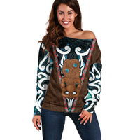 New Zealand Whakairo Off Shoulder Sweater Tiki Maori Carving Taniko Motifs LT14 Women Multicolor - Polynesian Pride