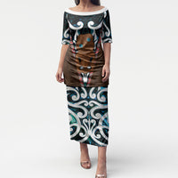 New Zealand Whakairo Puletasi Tiki Maori Carving Taniko Motifs LT14 Long Dress Multicolor - Polynesian Pride