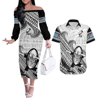 Fiji Tapa Rugby Couples Matching Off The Shoulder Long Sleeve Dress and Hawaiian Shirt Flying Fijian 2023 World Cup With Dabbing Ball LT14 White - Polynesian Pride