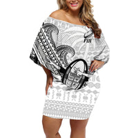 Custom Fiji Tapa Rugby Off Shoulder Short Dress Flying Fijian 2023 World Cup With Dabbing Ball LT14 Women White - Polynesian Pride