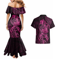 Polynesia Breast Cancer Awareness Couples Matching Mermaid Dress and Hawaiian Shirt No One Fights Alone Pink Ribbon With Butterfly LT14 - Polynesian Pride