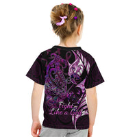 Personalised New Zealand Breast Cancer Kid T Shirt Fight Like A Girl Pink Manaia Fern With Paua Shell LT14 - Polynesian Pride