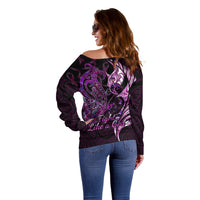 Personalised New Zealand Breast Cancer Off Shoulder Sweater Fight Like A Girl Pink Manaia Fern With Paua Shell LT14 - Polynesian Pride
