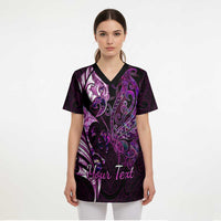 Personalised New Zealand Breast Cancer Scrub Top Fight Like A Girl Pink Manaia Fern With Paua Shell - Polynesian Pride