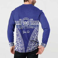 Personalised Queen Salote College Button Sweatshirt Kolisi Fefine 100th Anniversary Kupesi Blue - Polynesian Pride