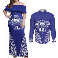 Personalised Queen Salote College Couples Matching Off Shoulder Maxi Dress and Long Sleeve Button Shirt Kolisi Fefine 100th Anniversary Kupesi Blue LT14 Blue - Polynesian Pride