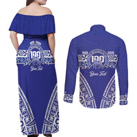 Personalised Queen Salote College Couples Matching Off Shoulder Maxi Dress and Long Sleeve Button Shirt Kolisi Fefine 100th Anniversary Kupesi Blue LT14 - Polynesian Pride
