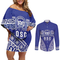 Personalised Queen Salote College Couples Matching Off Shoulder Short Dress and Long Sleeve Button Shirt Kolisi Fefine 100th Anniversary Kupesi Blue LT14 Blue - Polynesian Pride