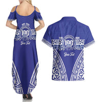 Personalised Queen Salote College Couples Matching Summer Maxi Dress and Hawaiian Shirt Kolisi Fefine 100th Anniversary Kupesi Blue LT14 - Polynesian Pride