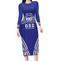 Personalised Queen Salote College Family Matching Long Sleeve Bodycon Dress and Hawaiian Shirt Kolisi Fefine 100th Anniversary Kupesi Blue LT14 Mom's Dress Blue - Polynesian Pride