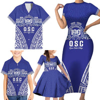 Personalised Queen Salote College Family Matching Short Sleeve Bodycon Dress and Hawaiian Shirt Kolisi Fefine 100th Anniversary Kupesi Blue LT14 - Polynesian Pride