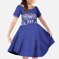 Personalised Queen Salote College Family Matching Tank Maxi Dress and Hawaiian Shirt Kolisi Fefine 100th Anniversary Kupesi Blue LT14 Daughter's Dress Blue - Polynesian Pride