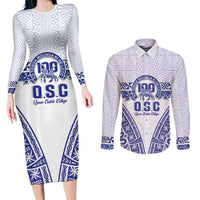 Personalised Queen Salote College Couples Matching Long Sleeve Bodycon Dress and Long Sleeve Button Shirt Kolisi Fefine 100th Anniversary Kupesi White LT14 White - Polynesian Pride