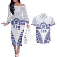 Personalised Queen Salote College Couples Matching Off The Shoulder Long Sleeve Dress and Hawaiian Shirt Kolisi Fefine 100th Anniversary Kupesi White LT14 White - Polynesian Pride