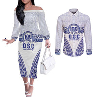 Personalised Queen Salote College Couples Matching Off The Shoulder Long Sleeve Dress and Long Sleeve Button Shirt Kolisi Fefine 100th Anniversary Kupesi White LT14 White - Polynesian Pride