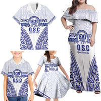 Personalised Queen Salote College Family Matching Off Shoulder Maxi Dress and Hawaiian Shirt Kolisi Fefine 100th Anniversary Kupesi White LT14 - Polynesian Pride