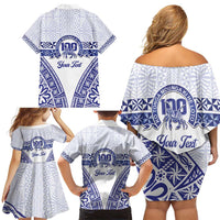 Personalised Queen Salote College Family Matching Off Shoulder Short Dress and Hawaiian Shirt Kolisi Fefine 100th Anniversary Kupesi White LT14 - Polynesian Pride