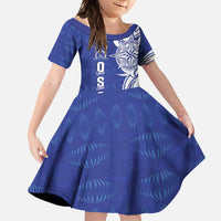 Personalised Queen Salote College Family Matching Long Sleeve Bodycon Dress and Hawaiian Shirt QSC Est 1926 Ngatu Pattern LT14 Daughter's Dress Blue - Polynesian Pride