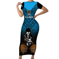 Custom Fiji Tapa Rugby Family Matching Short Sleeve Bodycon Dress and Hawaiian Shirt Pacific 2023 Go Fijian Bati LT14 Mom's Dress Blue - Polynesian Pride