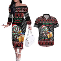 All I Want For Christmas Is Darts New Zealand Couples Matching Off The Shoulder Long Sleeve Dress and Hawaiian Shirt LT14 Black - Polynesian Pride