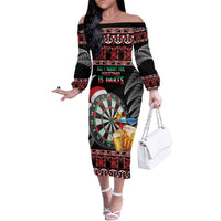 All I Want For Christmas Is Darts New Zealand Family Matching Off The Shoulder Long Sleeve Dress and Hawaiian Shirt LT14 Mom's Dress Black - Polynesian Pride